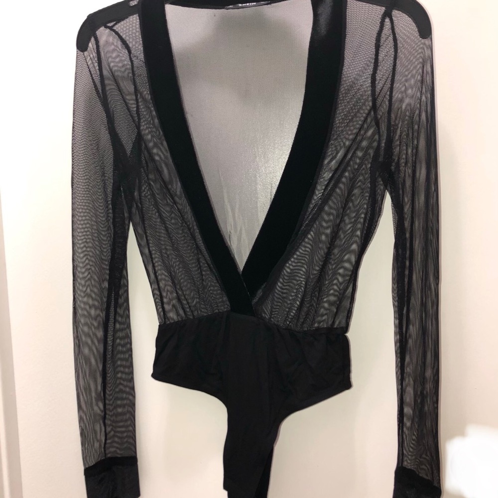 SHEIN NWOT Sheer Black Body Suit Velvet Trim